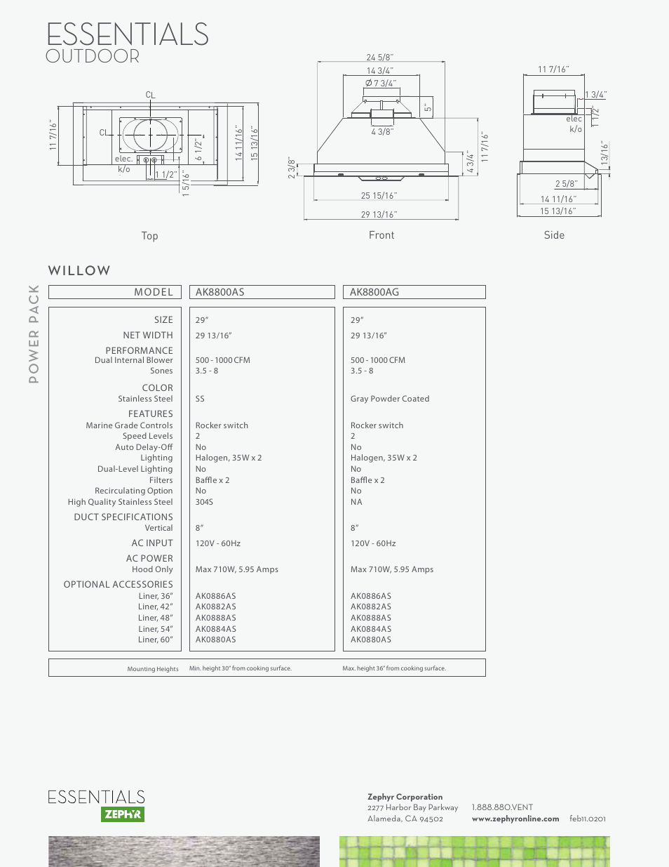 Essentials, Outdoor | Zephyr Willow AK8800AG User Manual | Page 2 / 2