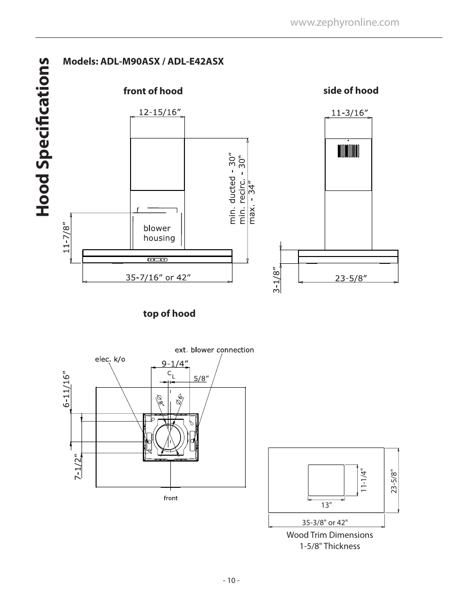 Hood specifi ca tions | Zephyr Duo Is. ADL-M90ASX User Manual | Page 10 / 25