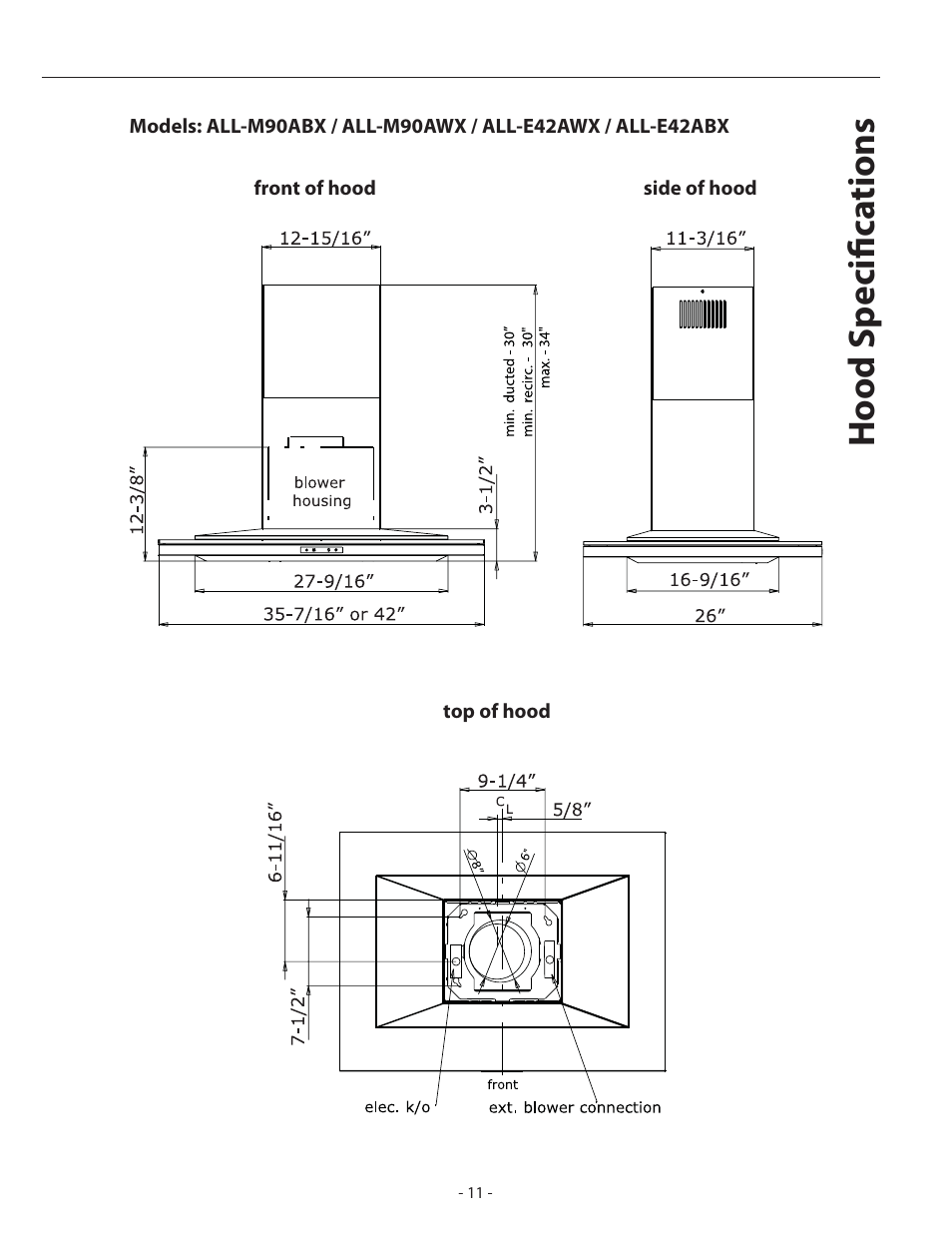 Hood specifi ca tions | Zephyr Duo Is. ADL-M90ASX User Manual | Page 11 / 25