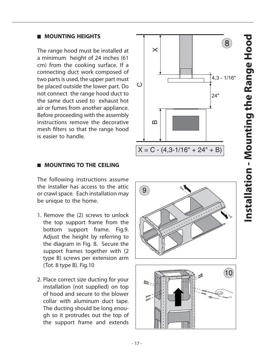 Installa tion - moun ting the r ange hood | Zephyr Duo Is. ADL-M90ASX User Manual | Page 17 / 25