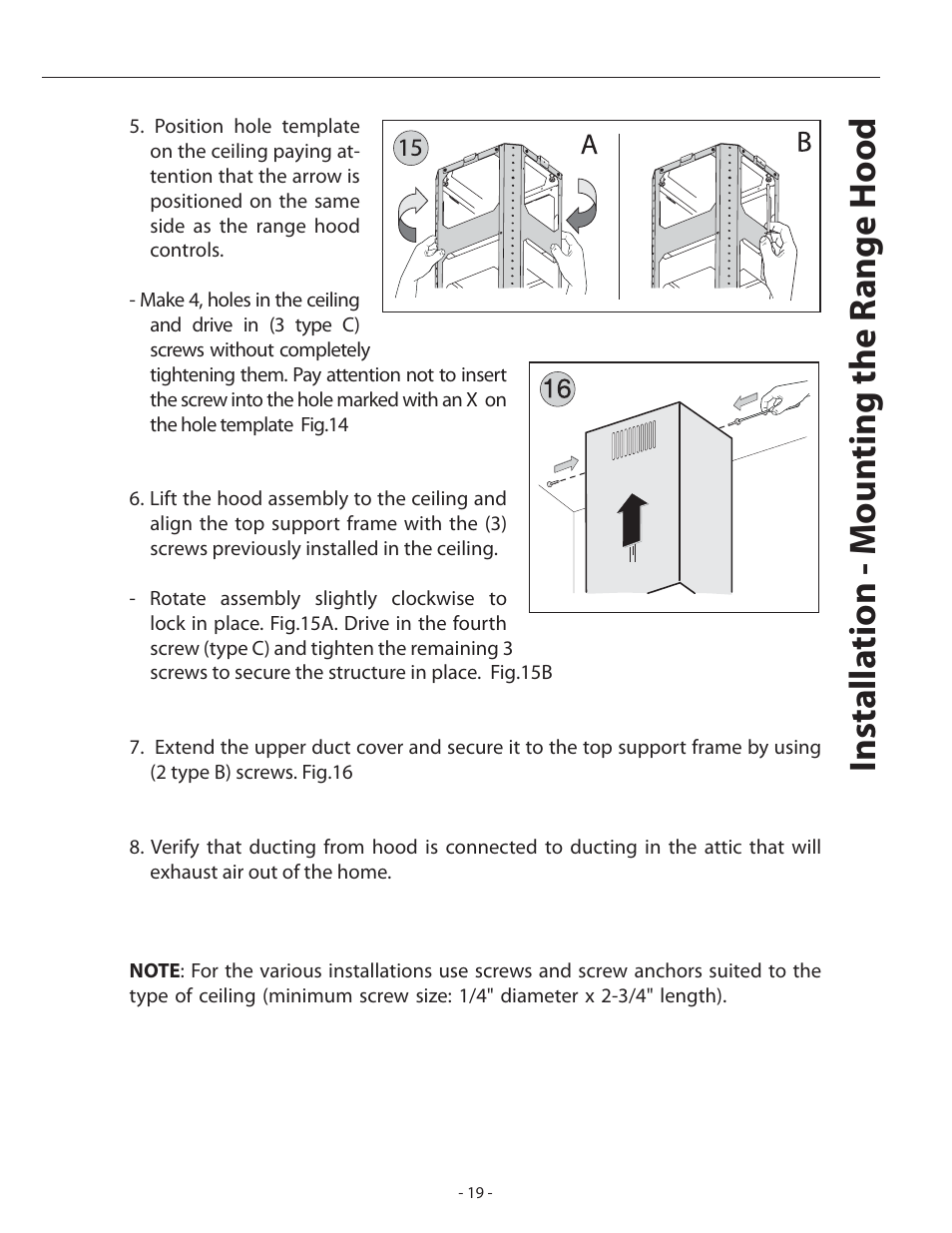 Installa tion - moun ting the r ange hood | Zephyr Duo Is. ADL-M90ASX User Manual | Page 19 / 25