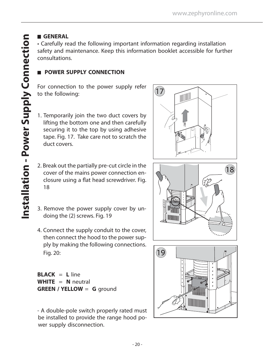 Installa tion - p o w er supply c onnec tion | Zephyr Duo Is. ADL-M90ASX User Manual | Page 20 / 25