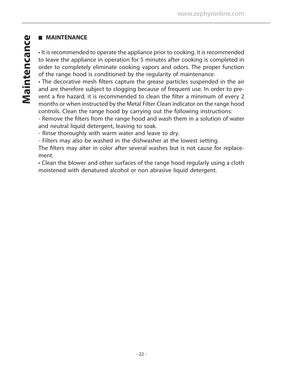 Main tencanc e | Zephyr Duo Is. ADL-M90ASX User Manual | Page 22 / 25