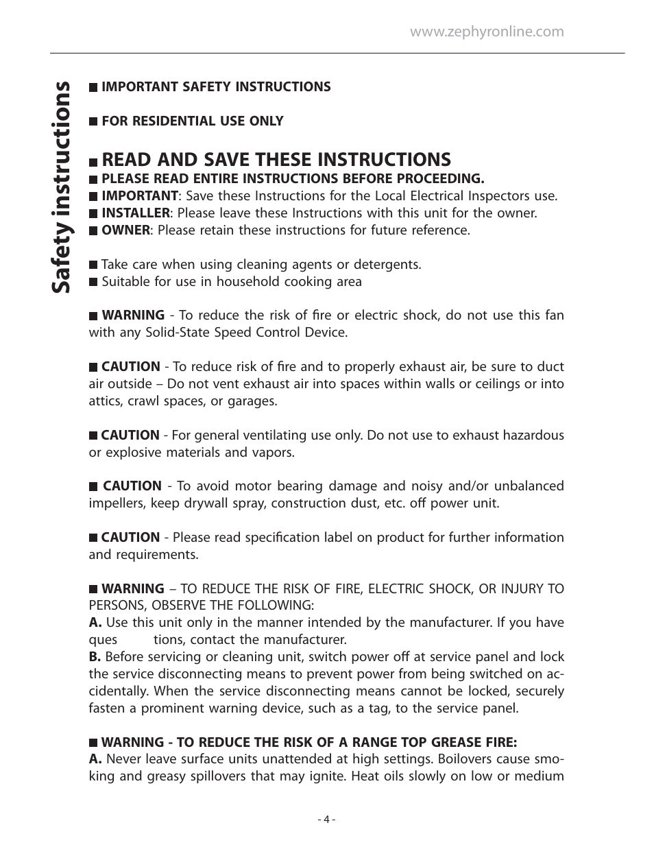 Sa fe ty instruc tions, Read and save these instructions | Zephyr Duo Is. ADL-M90ASX User Manual | Page 4 / 25