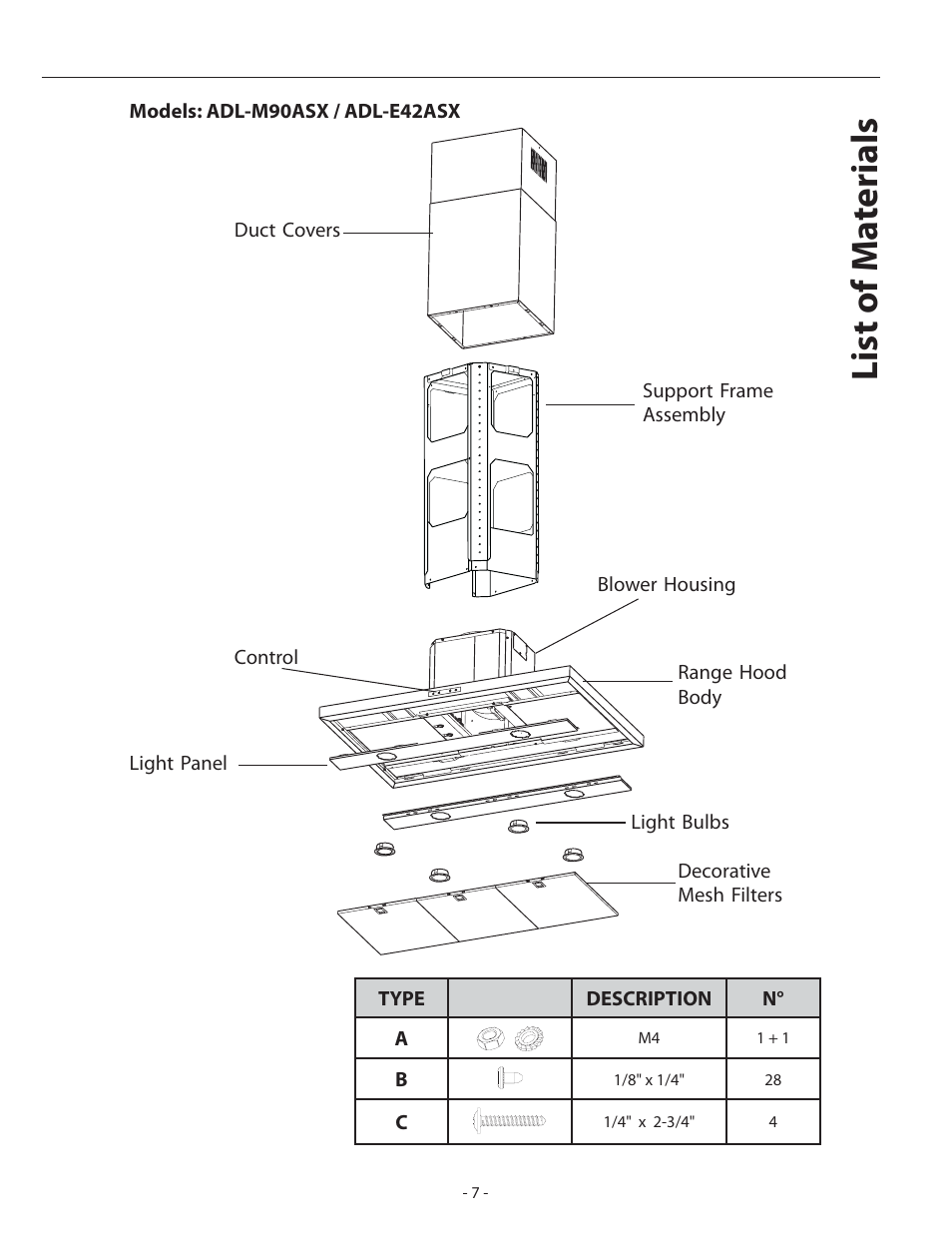 List of ma terials | Zephyr Duo Is. ADL-M90ASX User Manual | Page 7 / 25