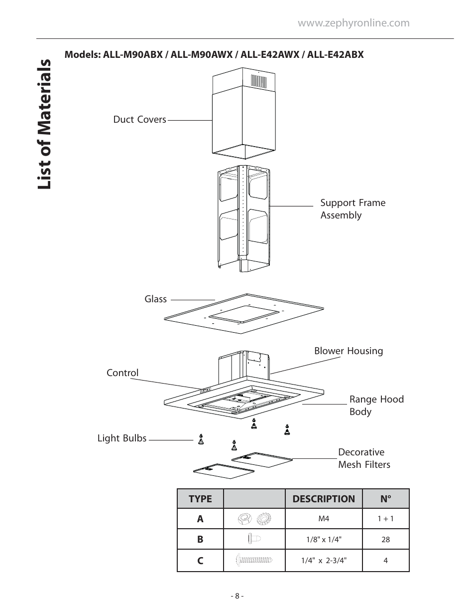 List of ma terials | Zephyr Duo Is. ADL-M90ASX User Manual | Page 8 / 25