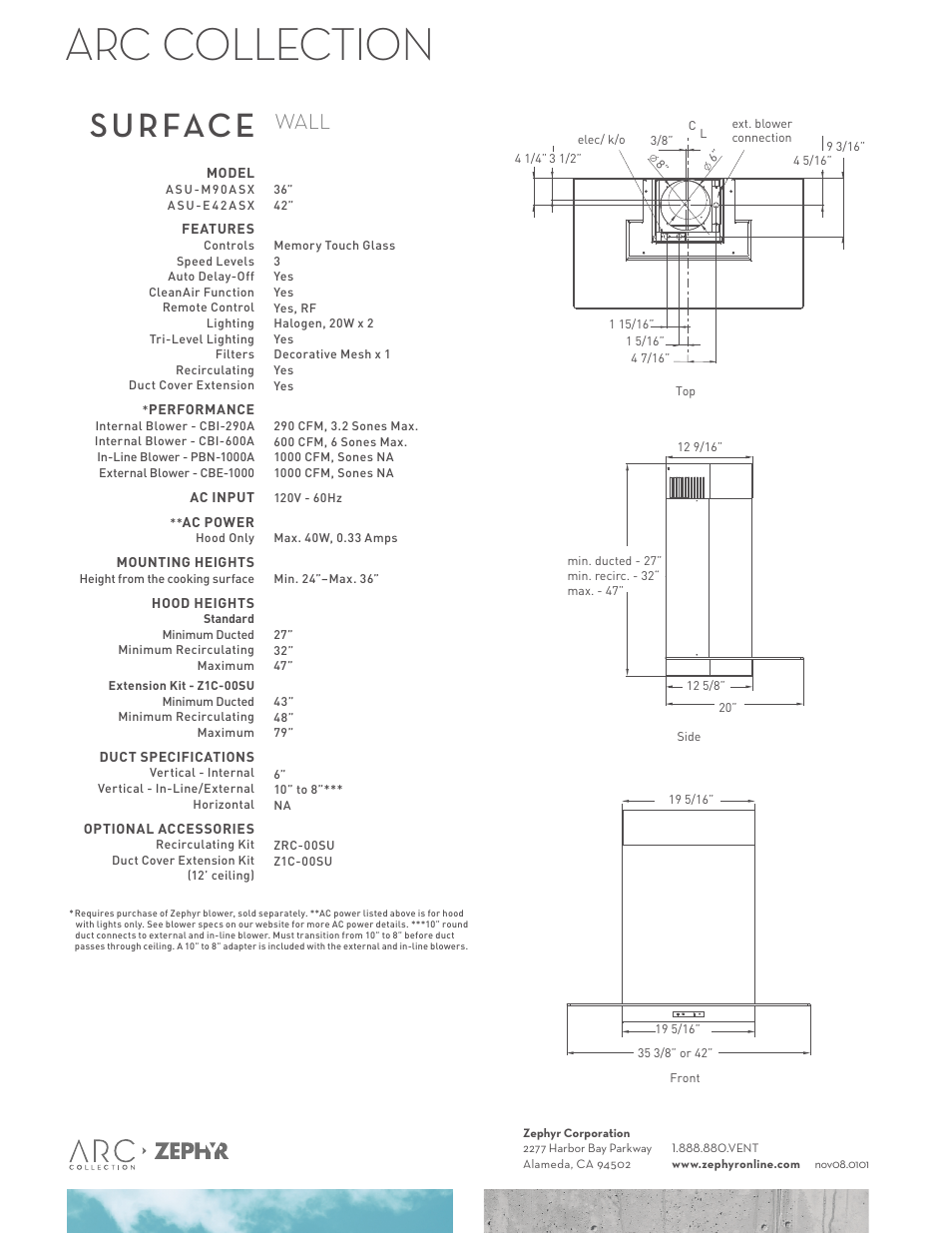 Arc collection, Surface, Wall | Zephyr Surface Wall ASU - M90ASX User Manual | Page 2 / 2