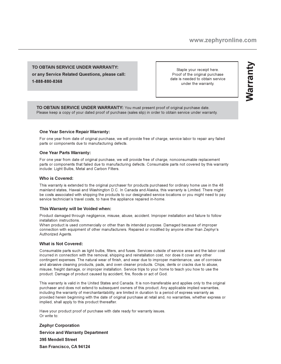 Warranty | Zephyr EOT-E42ASX User Manual | Page 19 / 22