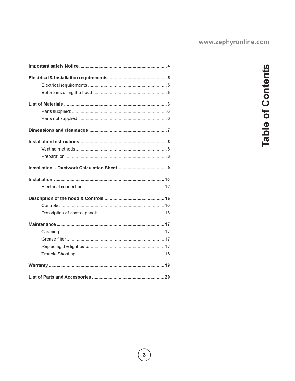 Ta ble of c ontent s | Zephyr EOT-E42ASX User Manual | Page 3 / 22