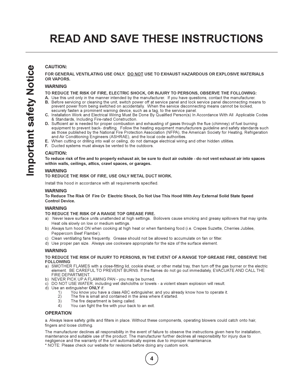 Read and save these instructions, Import ant safety notice | Zephyr EOT-E42ASX User Manual | Page 4 / 22