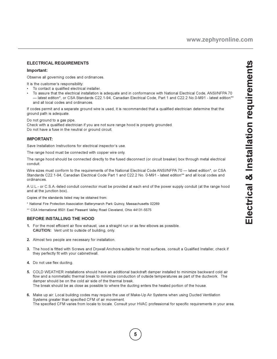 Electrical & inst allation requirement s | Zephyr EOT-E42ASX User Manual | Page 5 / 22