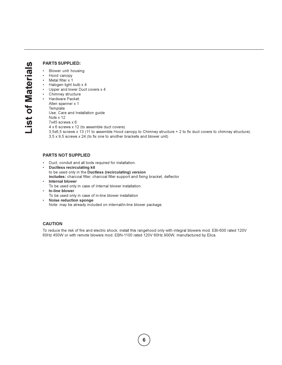 List of materials | Zephyr EOT-E42ASX User Manual | Page 6 / 22