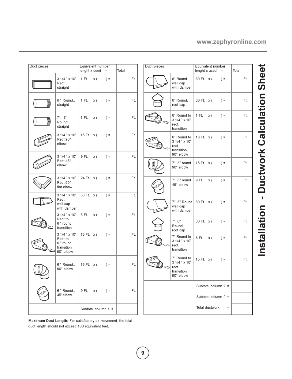 Inst allation - d uctwork c alculation sheet | Zephyr EOT-E42ASX User Manual | Page 9 / 22