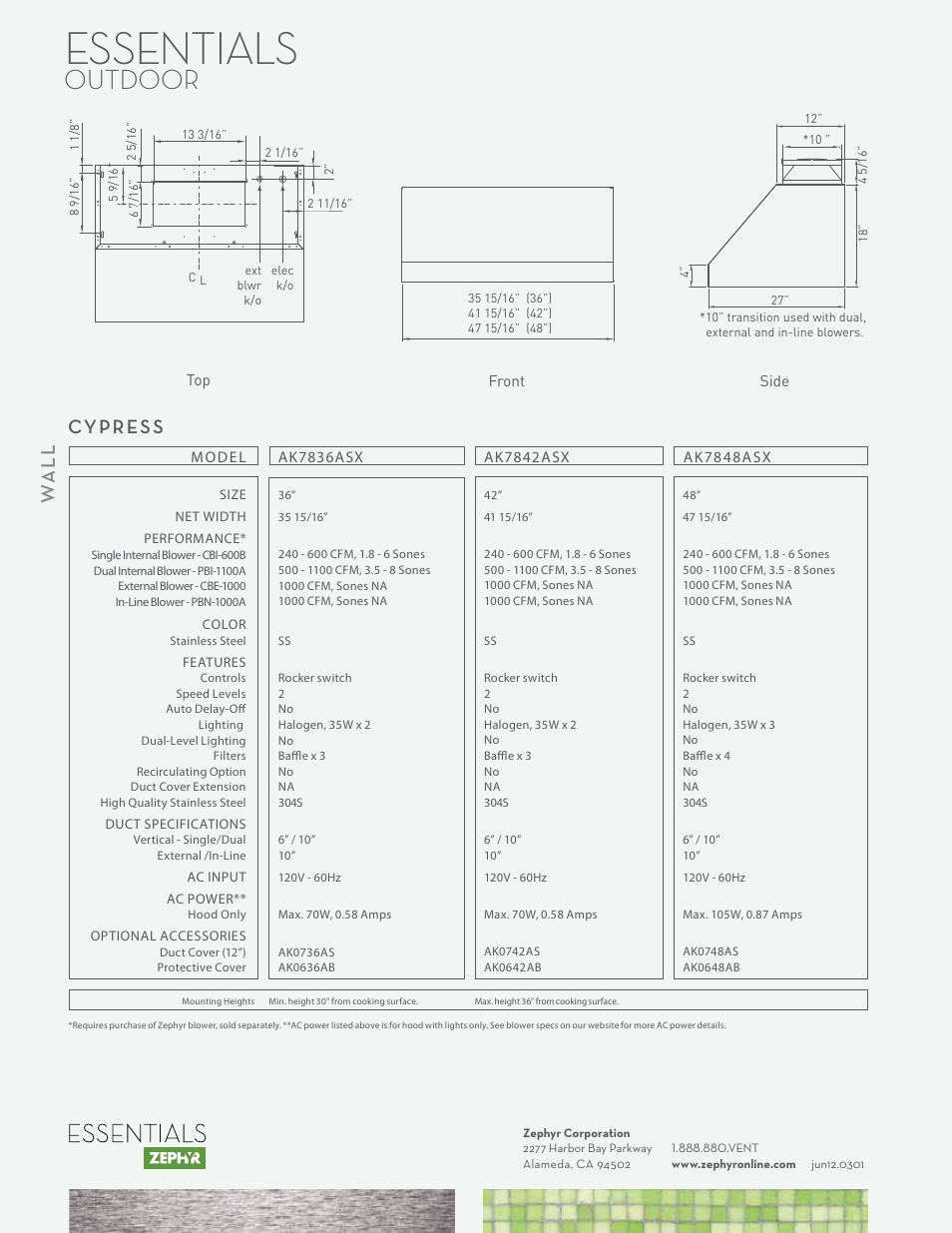 Essentials, Outdoor, Wa ll cypress | Zephyr Cypress AK7848ASX User Manual | Page 2 / 2