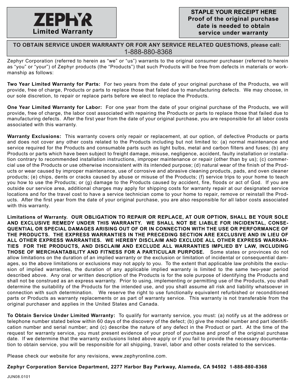 Limited warranty | Zephyr ZNA-M90S User Manual | Page 21 / 21
