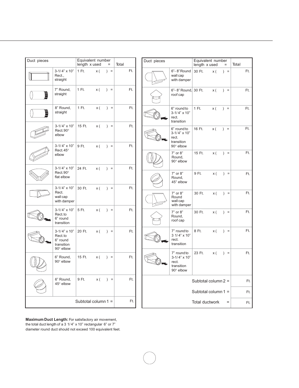 Installation – ducting calculation sheet | Zephyr ZNA-M90S User Manual | Page 7 / 21