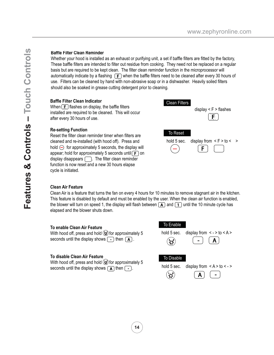 Features & controls – t ouch controls | Zephyr AK8200AS User Manual | Page 16 / 22