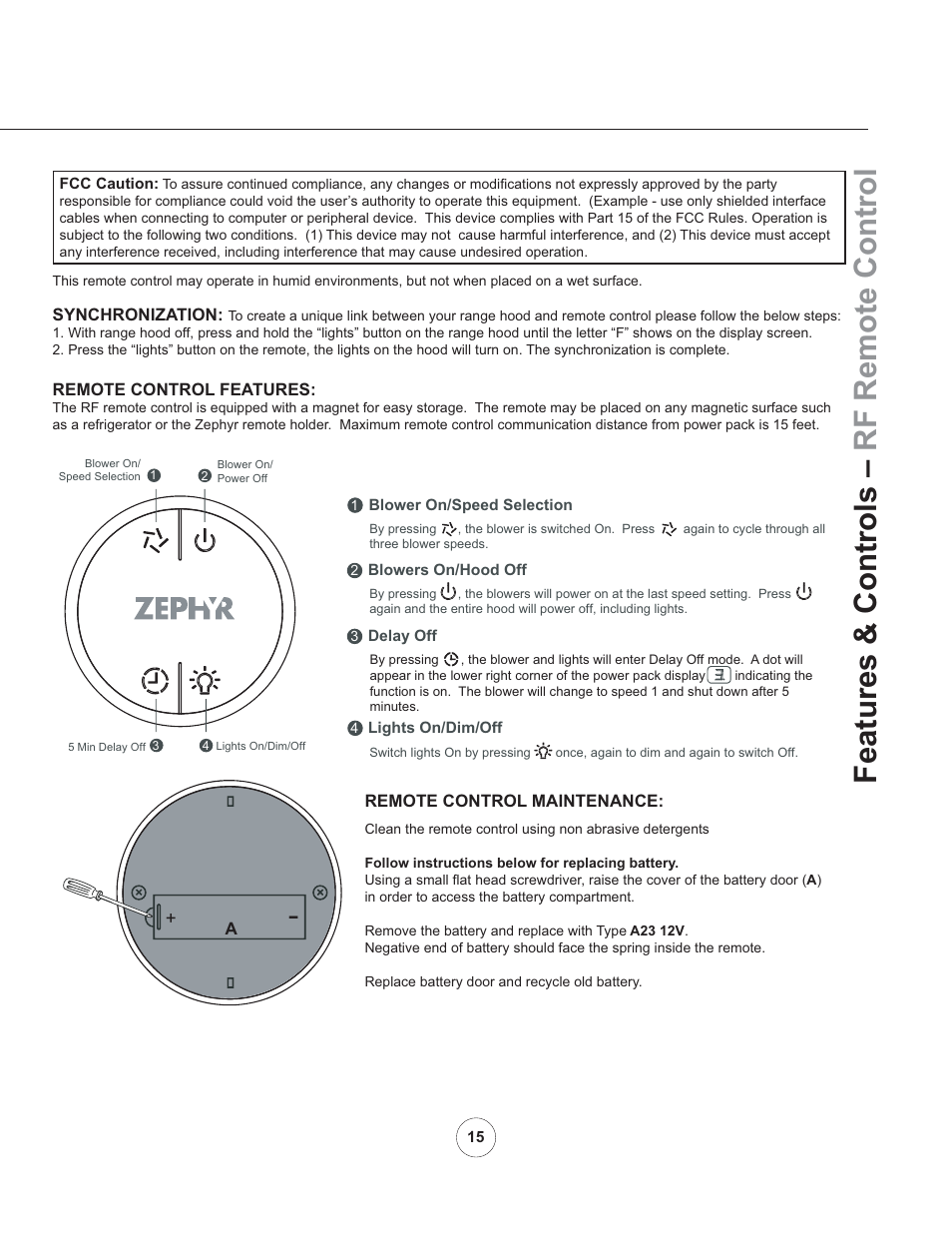 Features & controls – rf remote control | Zephyr AK8200AS User Manual | Page 17 / 22