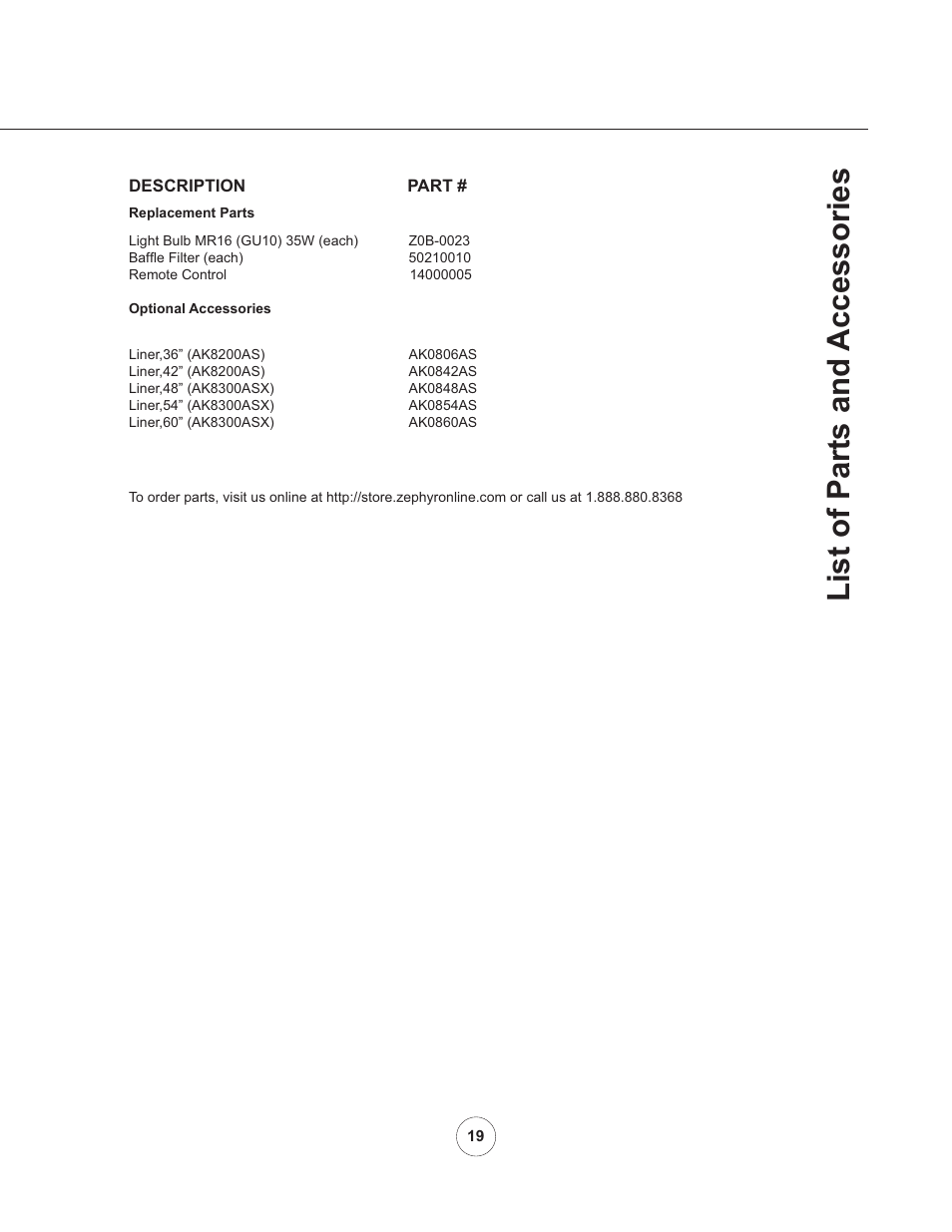 List of parts and accessories | Zephyr AK8200AS User Manual | Page 21 / 22