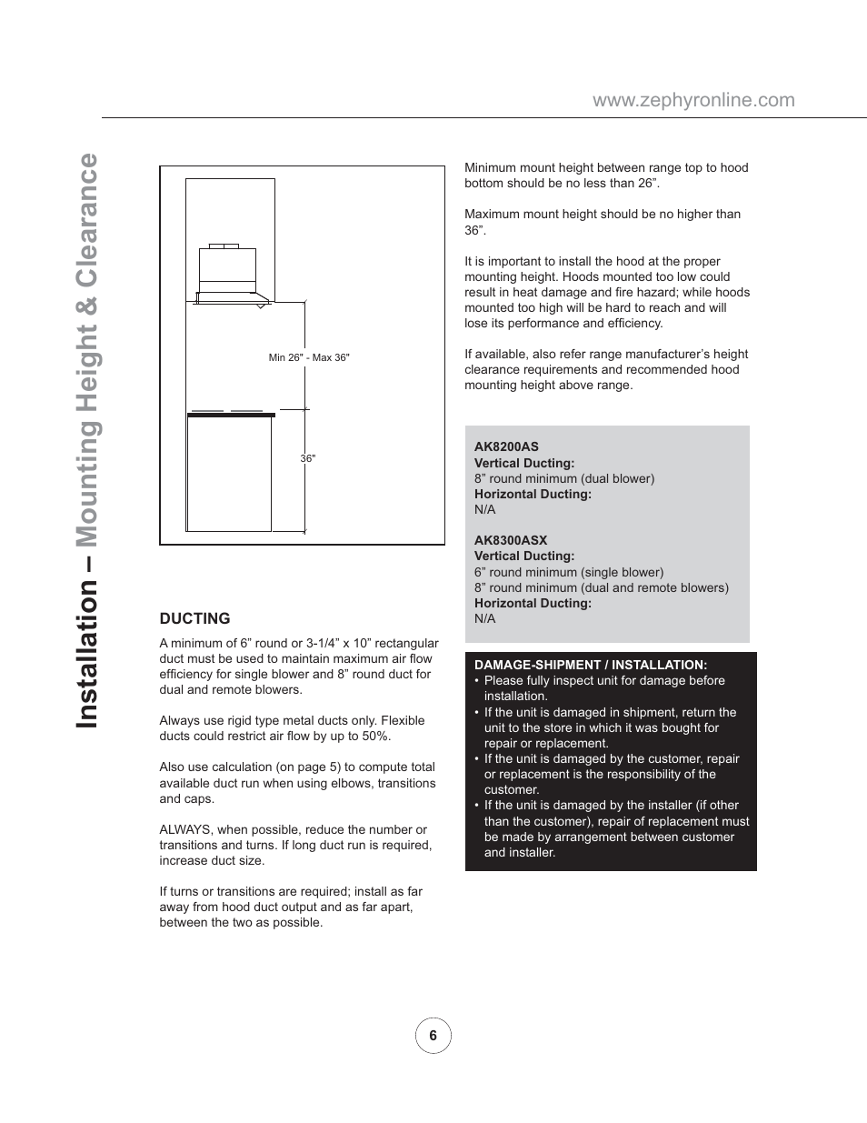 Installation – mounting height & clearance | Zephyr AK8200AS User Manual | Page 8 / 22