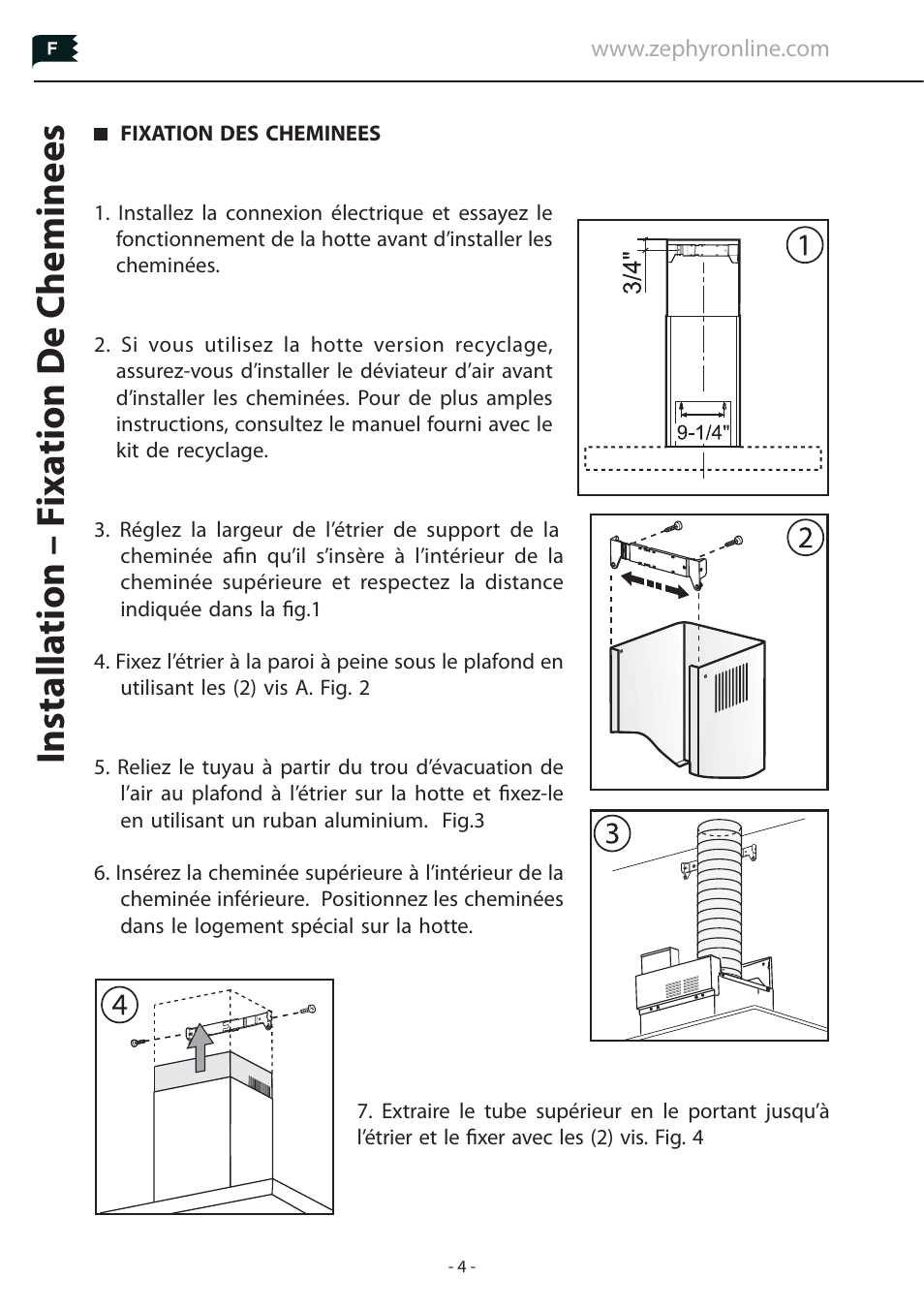 Installa tion – f ixa tion de cheminees | Zephyr Duct Cover Extension Z1C-00LA User Manual | Page 4 / 8