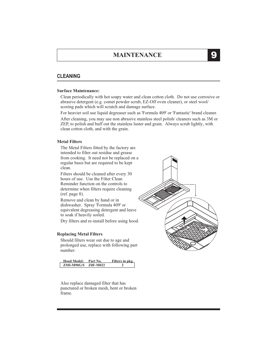Maintenance | Zephyr ZMI-M90G User Manual | Page 12 / 15