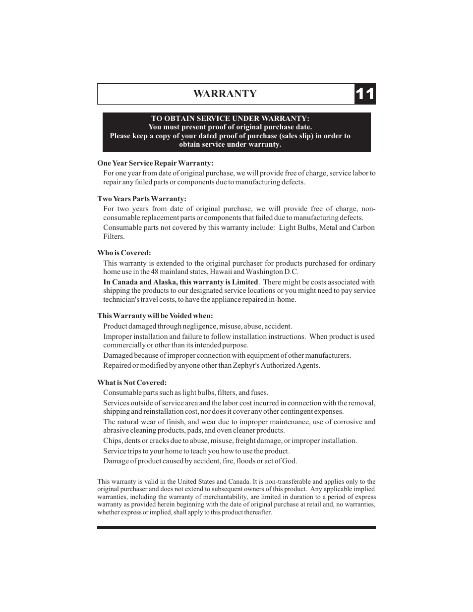 Warranty | Zephyr ZMI-M90G User Manual | Page 14 / 15