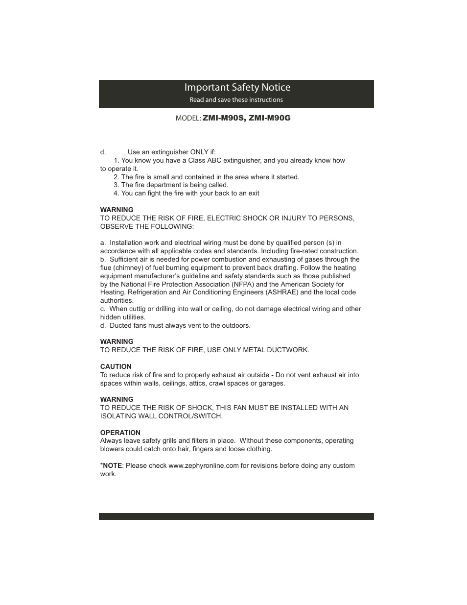 Mportant | Zephyr ZMI-M90G User Manual | Page 2 / 15