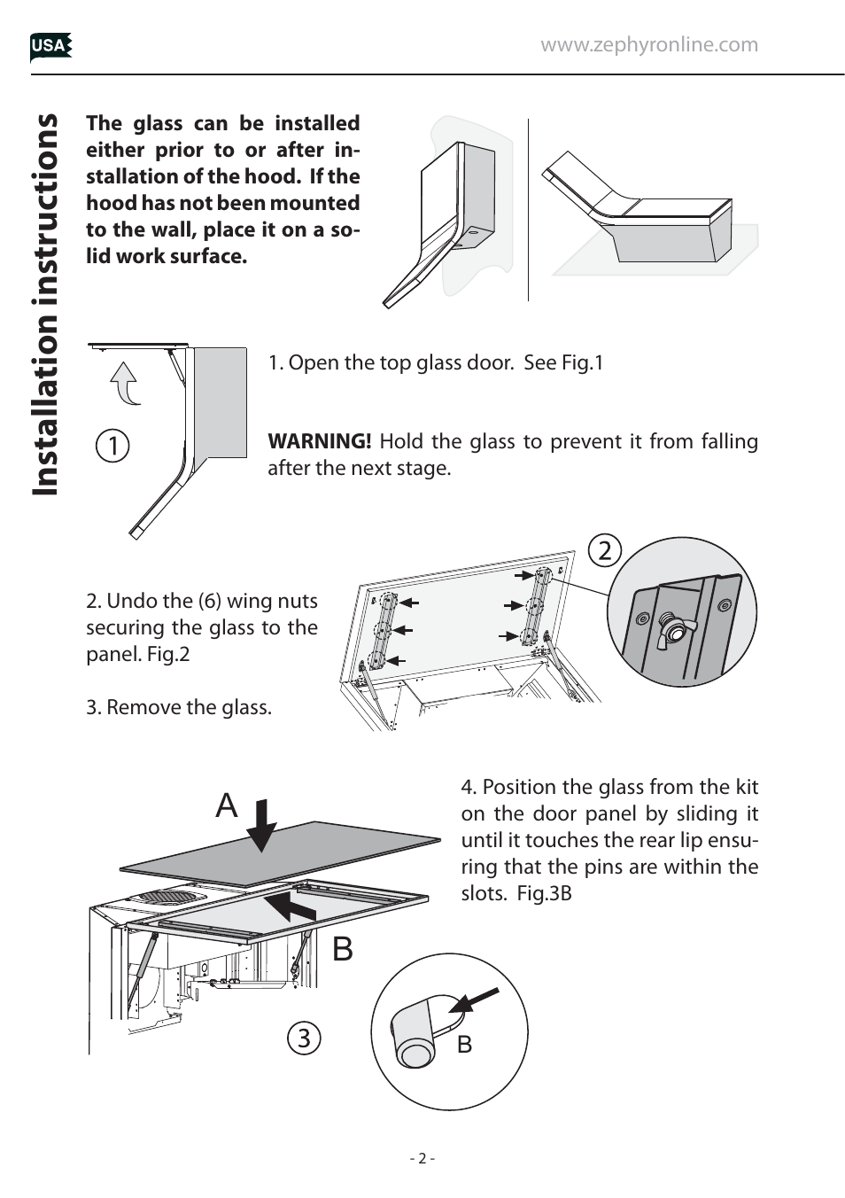 Installa tion instruc tions | Zephyr Pattern Glass AHG-00WH User Manual | Page 2 / 12