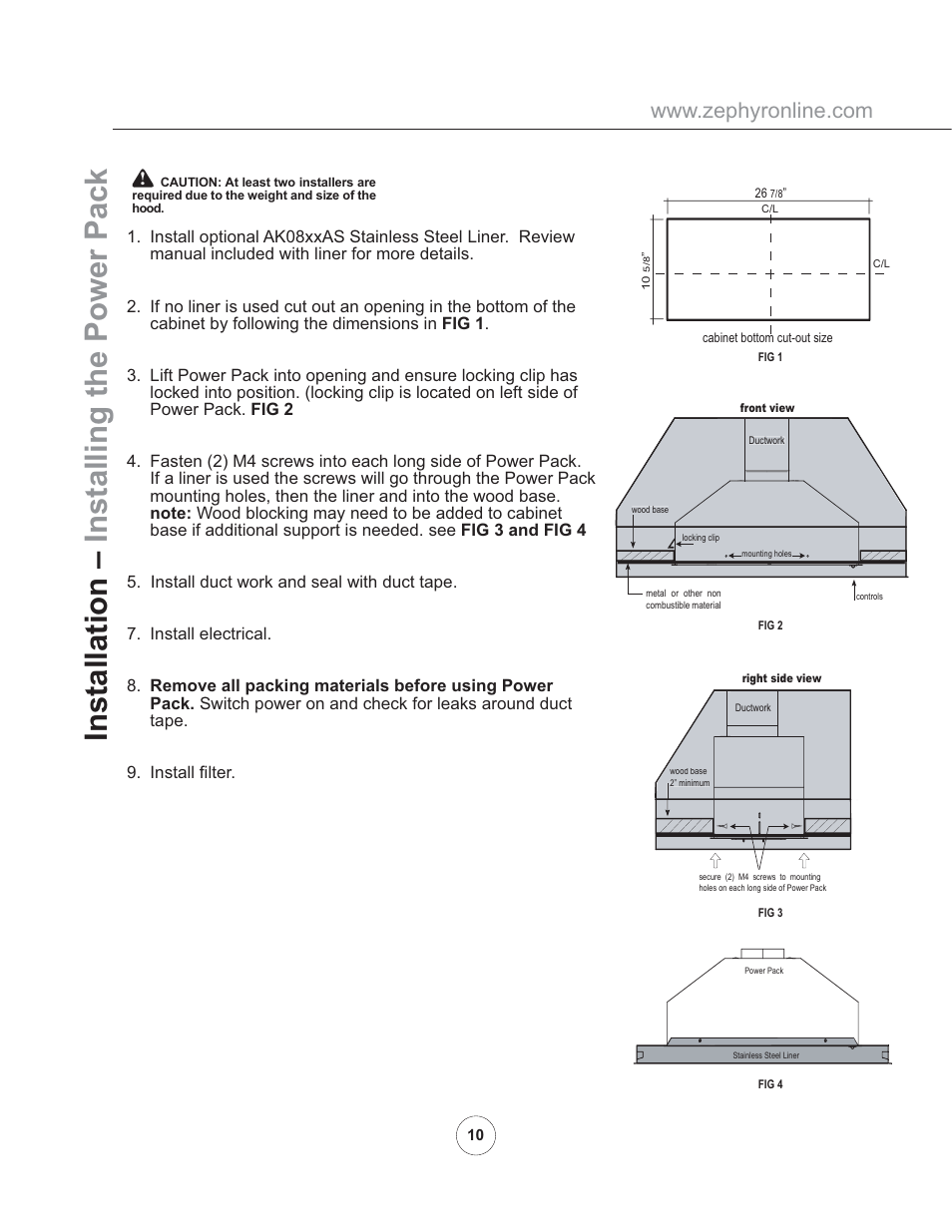 Installation – installing the power pack | Zephyr AK8100AS User Manual | Page 12 / 19