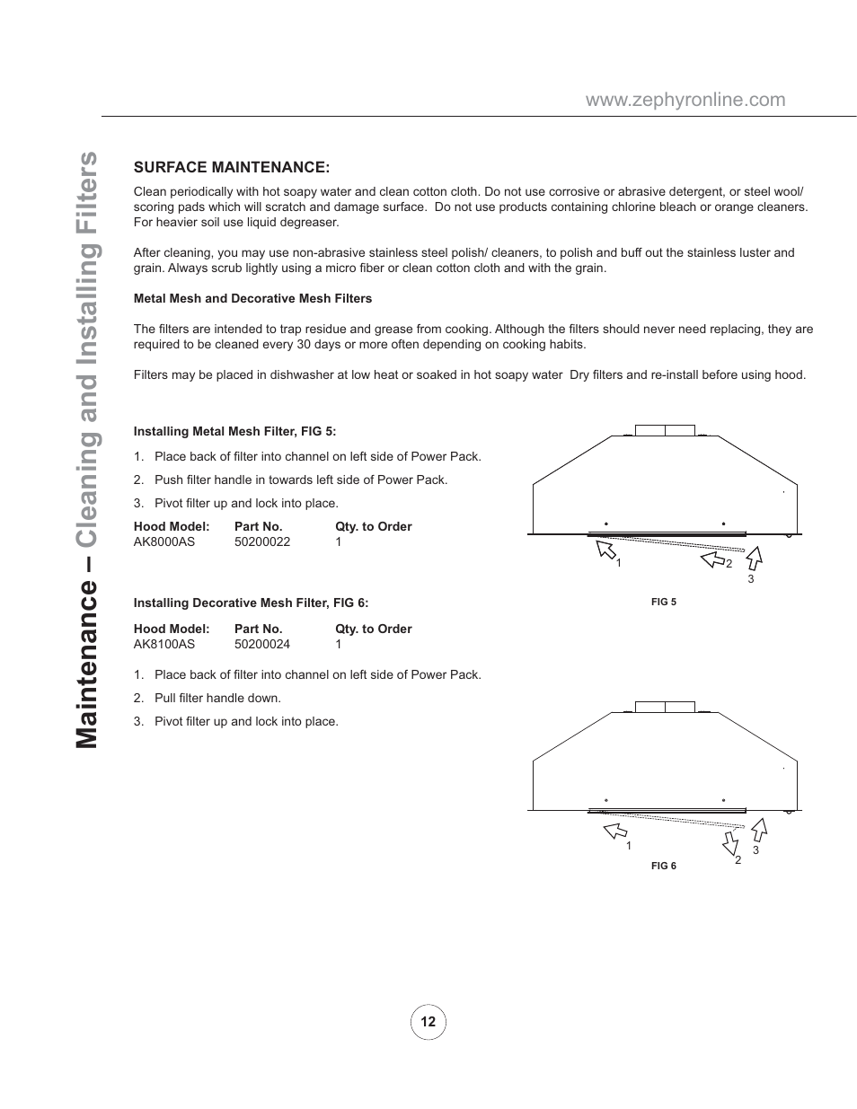 Maintenance – cleaning and installing filters | Zephyr AK8100AS User Manual | Page 14 / 19