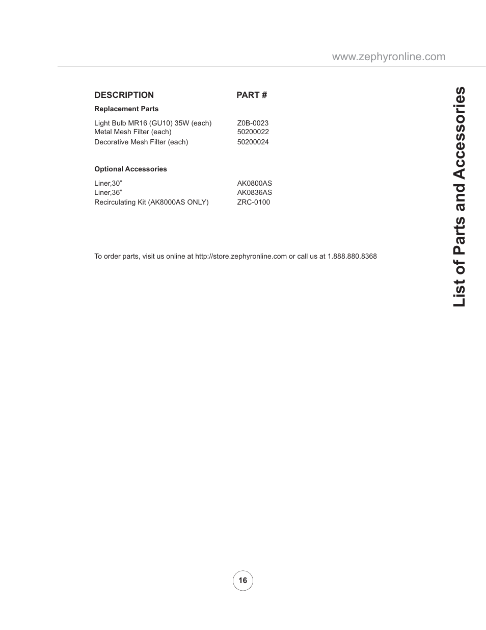 List of parts and accessories | Zephyr AK8100AS User Manual | Page 18 / 19