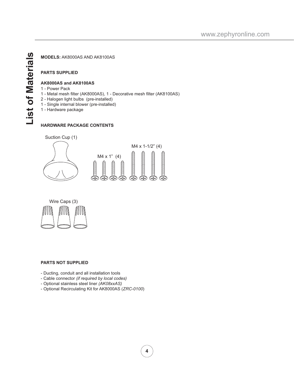 List of materials | Zephyr AK8100AS User Manual | Page 6 / 19