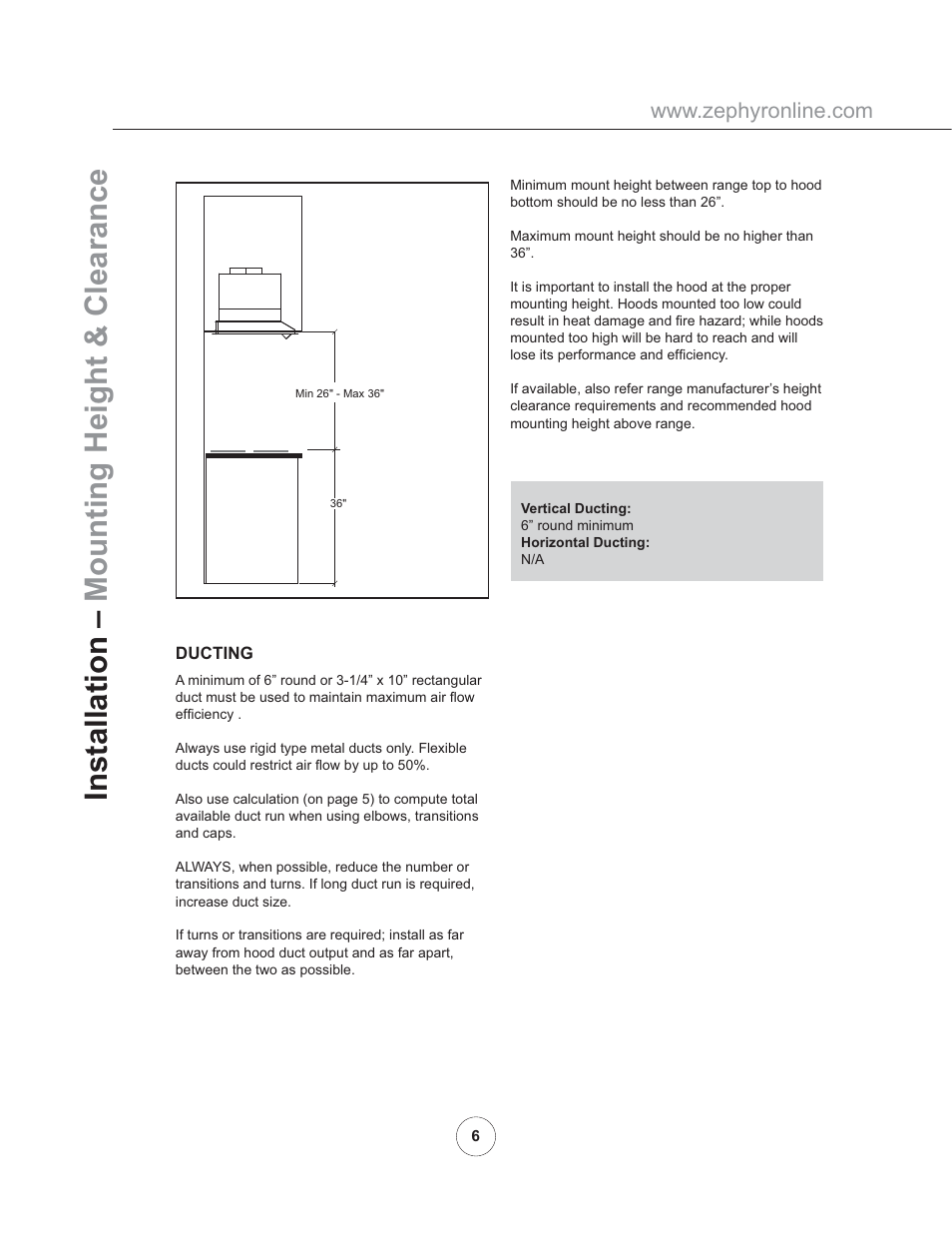 Installation – mounting height & clearance | Zephyr AK8100AS User Manual | Page 8 / 19