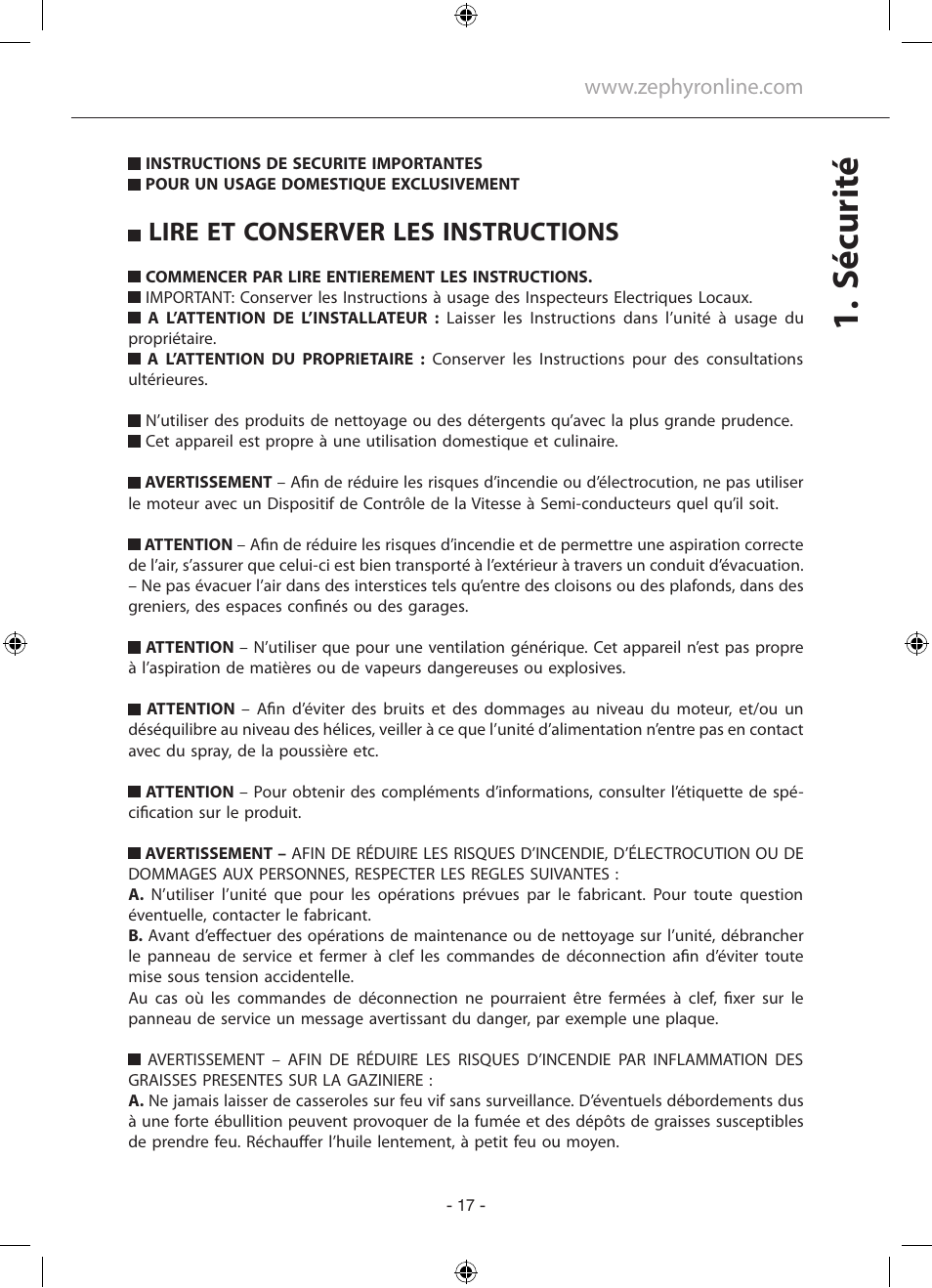 Sécurit é, Lire et conserver les instructions | Zephyr GU5/MR16 User Manual | Page 17 / 52