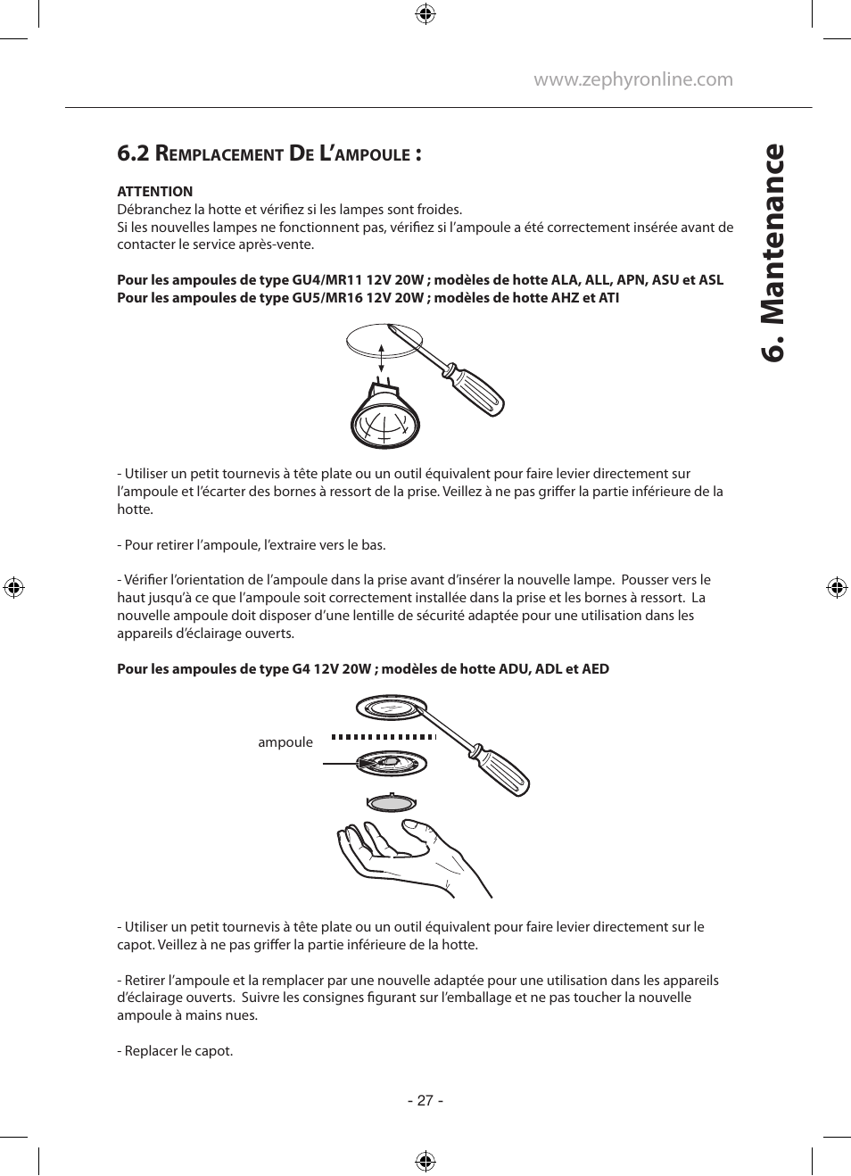 Man tenanc e | Zephyr GU5/MR16 User Manual | Page 27 / 52