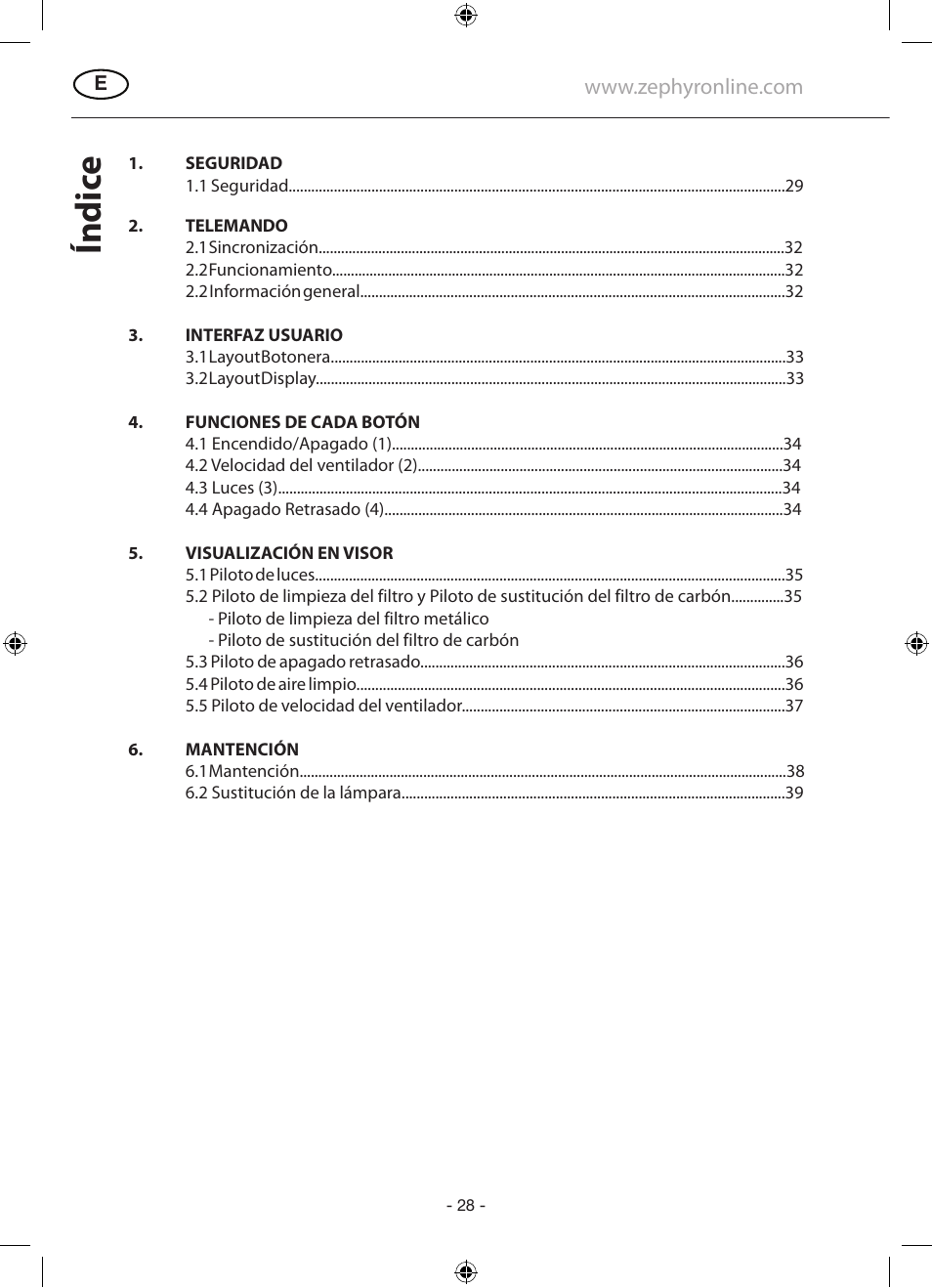 Índic e | Zephyr GU5/MR16 User Manual | Page 28 / 52