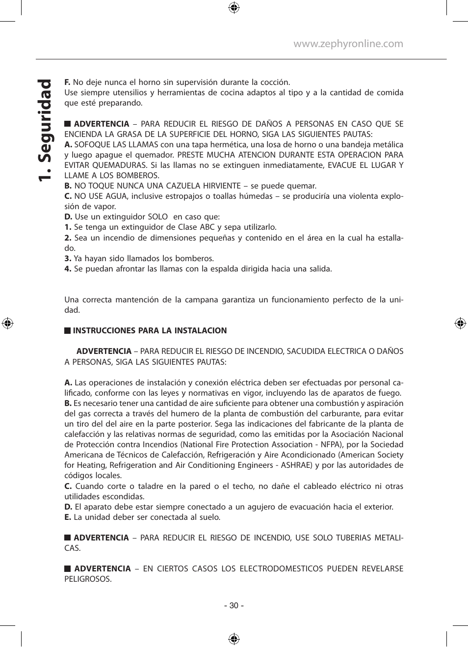 Seguridad | Zephyr GU5/MR16 User Manual | Page 30 / 52