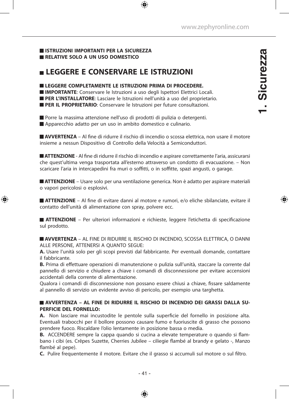 Sicurezza, Leggere e conservare le istruzioni | Zephyr GU5/MR16 User Manual | Page 41 / 52