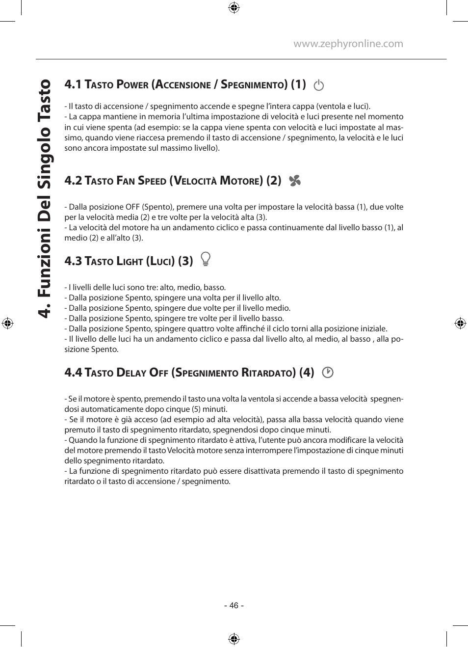 Funzioni del singolo tast o | Zephyr GU5/MR16 User Manual | Page 46 / 52