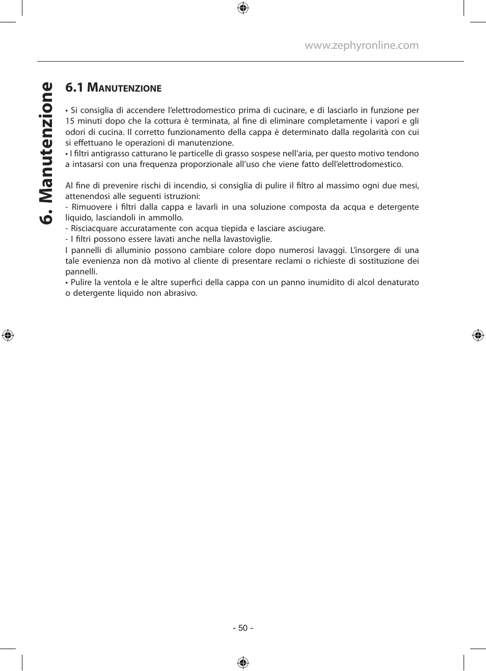 Manut enzione | Zephyr GU5/MR16 User Manual | Page 50 / 52