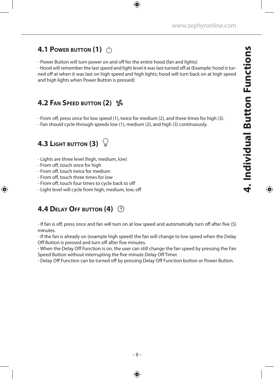 Individual butt on func tions | Zephyr GU5/MR16 User Manual | Page 9 / 52