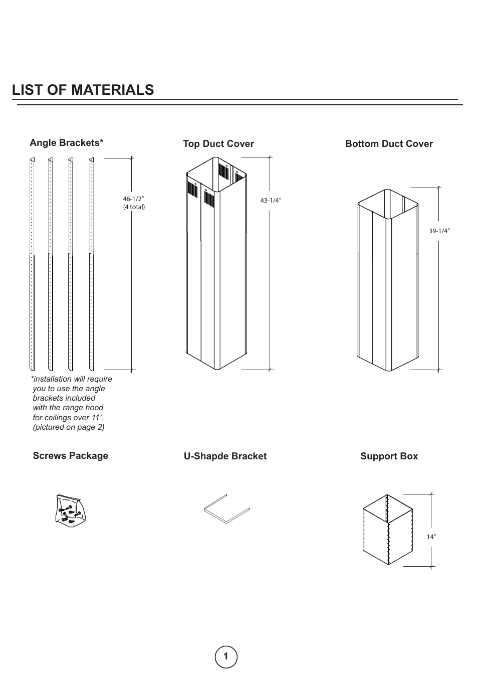 List of materials | Zephyr Z1C01ML User Manual | Page 2 / 4