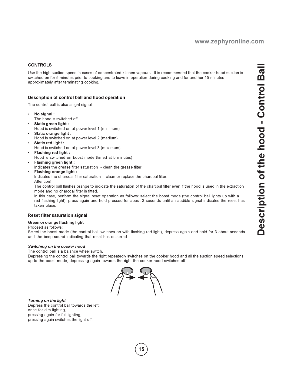 Description of the hood - control ball | Zephyr EBO-E36ASX User Manual | Page 15 / 22