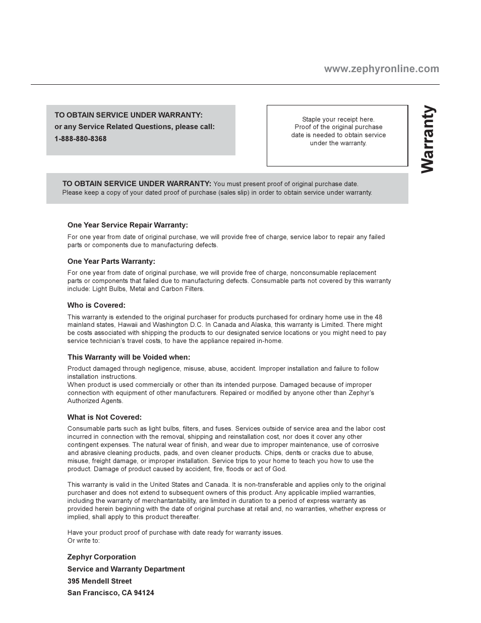 Warranty | Zephyr EBO-E36ASX User Manual | Page 19 / 22