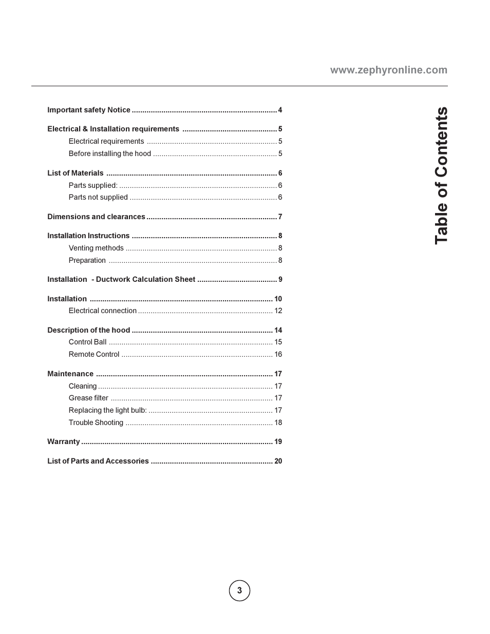 Ta ble of c ontent s | Zephyr EBO-E36ASX User Manual | Page 3 / 22