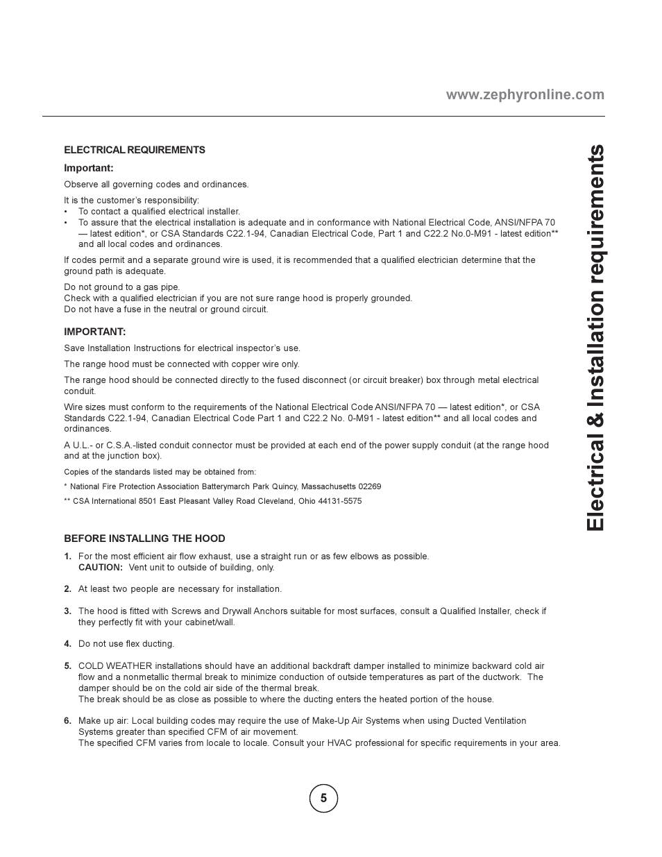 Electrical & inst allation requirement s | Zephyr EBO-E36ASX User Manual | Page 5 / 22