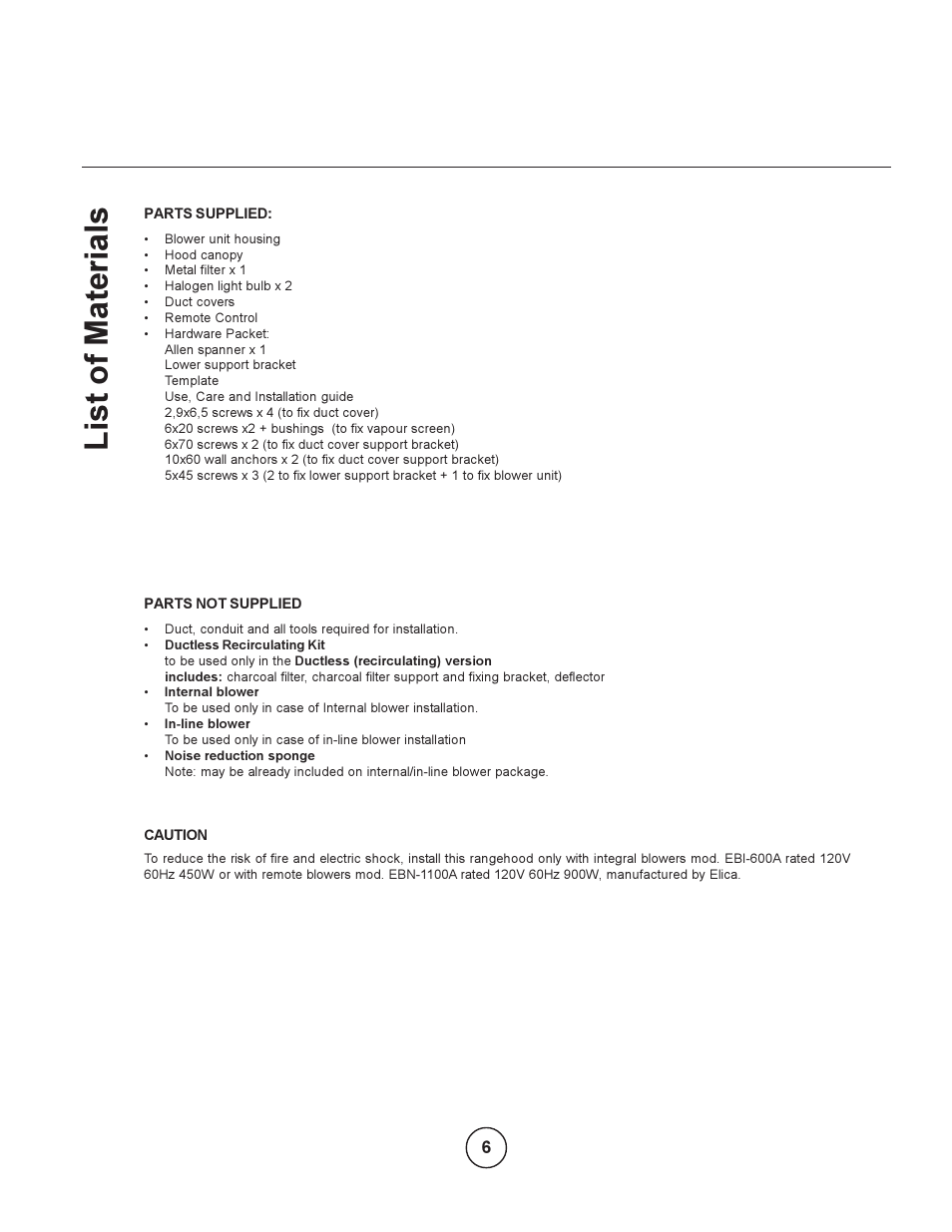 List of materials | Zephyr EBO-E36ASX User Manual | Page 6 / 22