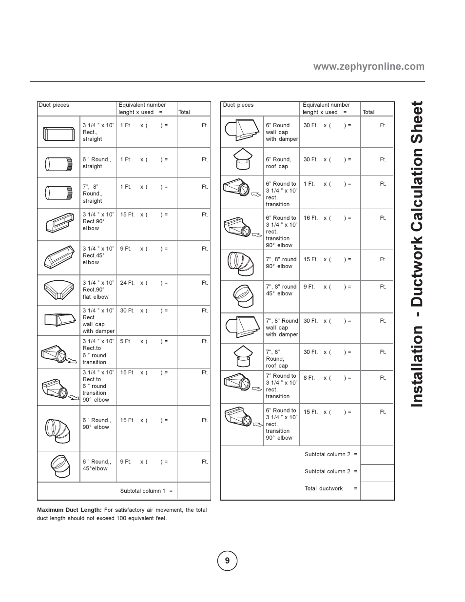 Inst allation - d uctwork calculation sheet | Zephyr EBO-E36ASX User Manual | Page 9 / 22
