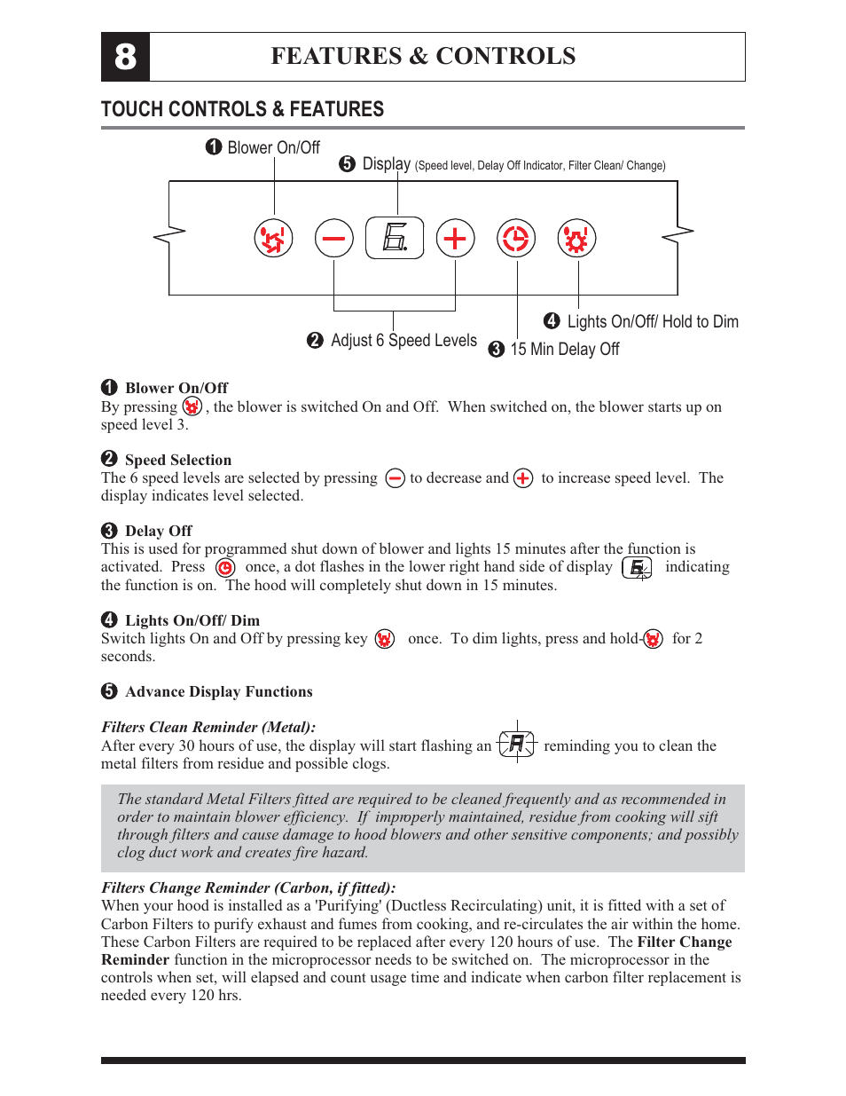 Features & controls, Touch controls & features | Zephyr ZTO-M795 User Manual | Page 11 / 17